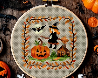 Halloween Witch Cross Stitch Pattern – Autumn Cottagecore Decor (PDF)