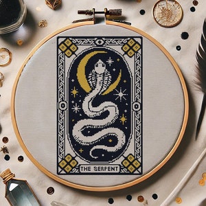 The Serpent Cross Stitch Pattern PDF – Mystical Snake Embroidery Design, Gothic Tarot Decor, Night Moon Dark Art,  Snake Cross Stich Chart