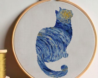Starry Night Cat Cross Stitch Pattern: Van Gogh Inspired Embroidery (PDF Download)