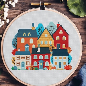 Colorful Village Cross Stitch Pattern PDF – Bright Houses Cross Stitch Chart – Vibrant Home Embroidery Design Decor - Country Town Wall Art