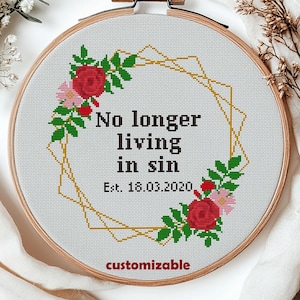 Funny wedding cross stitch pattern modern. Customizable counted cross stitch PDF. Anniversary gift, snarky cross stitch, floral embroidery