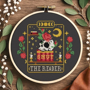 Smut Reader Cross Stitch Pattern – Gothic Tarot Card, Skull & Roses (PDF)