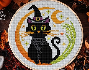 黒猫のクロスステッチパターン、ハロウィン魔女猫の刺繍、簡単な魔女の
