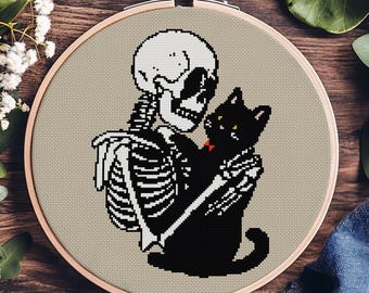 Skeleton with Black Cat Cross Stitch Pattern, Gothic Halloween (PDF Pattern)