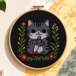 Killer Cat Cross Stitch Pattern, Dark Humor Embroidery, Feral Cat Meme (PDF)