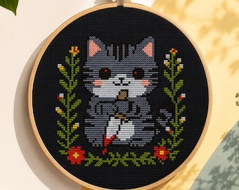 Killer Cat Cross Stitch Pattern, Dark Humor Embroidery, Feral Cat Meme (PDF)