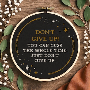 Modèle de point de croix amusant « Don't Give Up », broderie pour débutant (PDF)