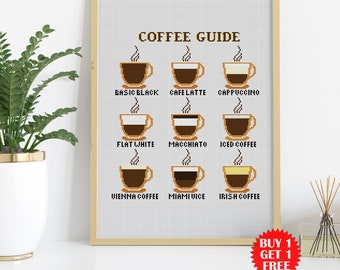 Coffee cross stitch pattern. Kitchen cross stitch sampler. Modern cross stitch. Cafe Coffee Guide embroidery. Easy counted cross stitch PDF