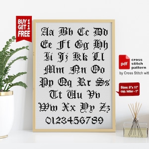 Old Gothic Font Cross stitch pattern. ABC cross stitch sampler. Alphabet cross stitch PDF. Letter cross stitch modern. Lettering embroidery