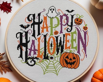 Happy Halloween Cross Stitch Pattern PDF – Spooky Autumn Decor, DIY Fall Seasonal Gift