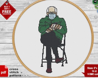 Political Cross stitch pattern. Bernie mittens cross stitch PDF. Bernie chair cross stitch. Easy cross stitch. Modern, counted cross stitch