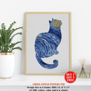 Starry night Cat cross stitch pattern. Animal cross stitch PDF Animal embroidery Home decor Modern cross stitch counted Cross stitch picture