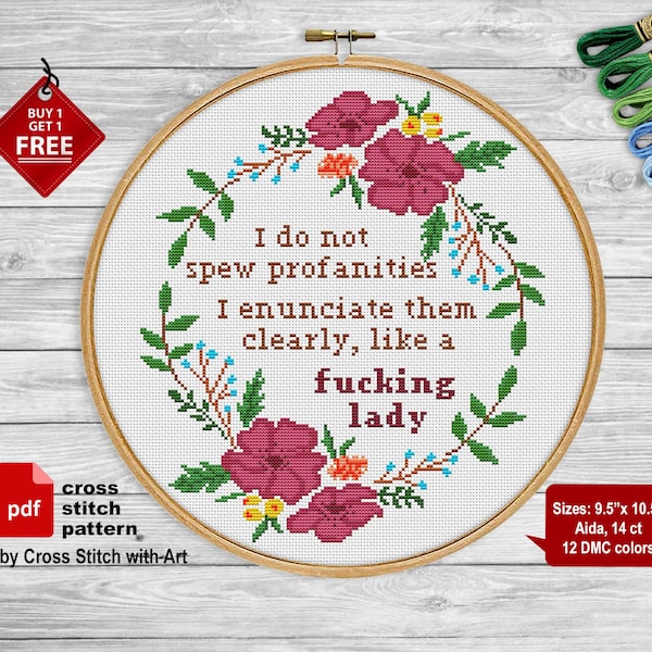 Snarky cross stitch pattern. Spew profanities. Rude cross stitch PDF. Sassy cross stitch. Cheeky adult embroidery Modern flower cross stitch