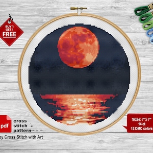 Blood Moon cross stitch pattern Nature cross stitch PDF Landscape cross stitch Night sky embroidery Modern cross stitch Counted cross stitch