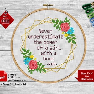 RBG cross stitch pattern Power of a girl. Feminist cross stitch PDF. Feminist embroidery gift. Modern counted cross stitch Easy cross stitch