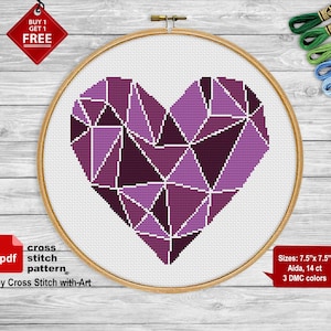 Geometric Heart cross stitch pattern. Modern counted cross stitch PDF. Easy cross stitch. Simple love cross stitch, heart embroidery chart