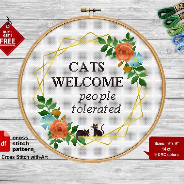 Sassy cross stitch pattern. Cats welcome people tolerated.  cross stitch PDF. Modern snarky cross stitch Flower, Cat cross stitch