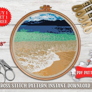 Patrón de punto de cruz de naturaleza. Punto de cruz de paisaje costero. Punto de cruz náutico en PDF. Punto de cruz oceánico. Punto de cruz moderno contado