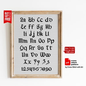 Patrón de punto de cruz de fuente gótica en PDF. Gráfico de punto de cruz con el alfabeto completo del ABC. Diseño de bordado de letras antiguas. Texto para hacer tú mismo en punto de cruz.