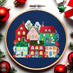 Christmas Village Cross Stitch Pattern – Festive Houses Cross Stitch Chart PDF - Winter Holiday Embroidery Design - Xmas Wall Art Decor Gift