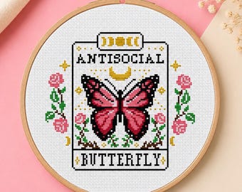 Antisocial Butterfly, Goth Cross Stitch Pattern, Funny Tarot Embroidery Intovert Gift (PDF)
