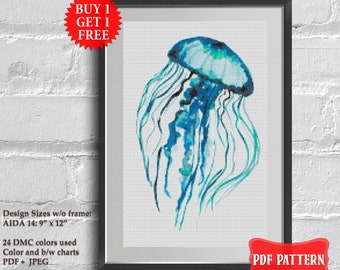 Jellyfish Cross stitch pattern Watercolor medusa cross stitch PDF Sea life decor Nautical hand embroidery design Ocean animal cross stitch