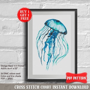 Jellyfish Cross stitch pattern Watercolor medusa cross stitch PDF Sea life decor Nautical hand embroidery design Ocean animal cross stitch