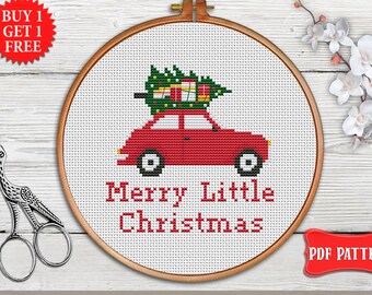 Christmas cross stitch pattern. Xmas cross stitch PDF Christmas tree embroidery Red car Xmas gift New Year Mini modern cross stitch beginner