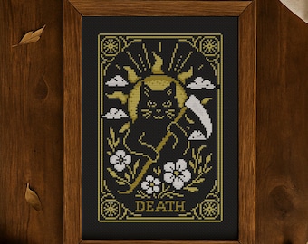 Gothic Black Cat Cross Stitch Pattern PDF. The Death, Funny Tarot Card - Occult Embroidery Design
