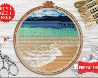 Nature cross stitch pattern. Sea side landscape cross stitch. Nautical cross stitch PDF. Ocean cross stitch. Counted modern cross stitch