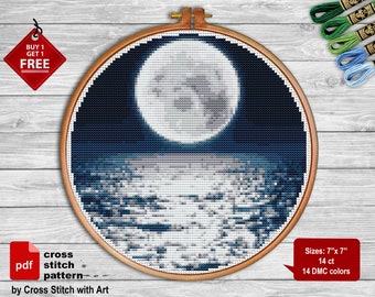 Mond Kreuzstichmuster. Landschaft Kreuzstich. Naturstickerei. Moderner Kreuzstich. Gezählter Kreuzstich PDF Home decor