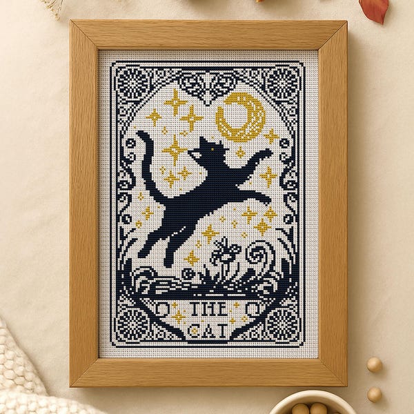 Patrón de punto de cruz "El Gato" (PDF): diseño de bordado de cartas del tarot místico, decoración gótica con luna y estrellas, elegante regalo DIY para amantes de los gatos, arte mural de gatos.
