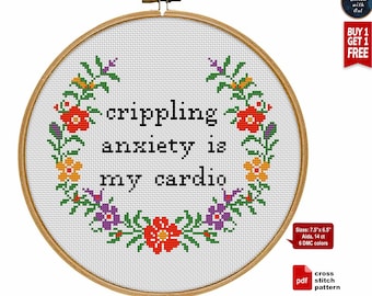 Cross stitch pattern. Crippling anxiety is my cardio. Snarky cross stitch PDF. Sassy cross stitch. Modern adult cross stitch easy embroidery