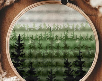 Natur Kreuzstich Stickmuster. Wald Kreuzstich PDF. Landschaft Kreuzstich. Einfaches modernes xstitch Kreuzstichmuster Baumstickerei