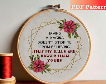 面白いフェミニストクロスステッチパターン：皮肉な引用文（PDFパターン）