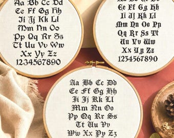 Korsstygnsmönster med gotiska teckensnitt, exempel på handbroderi med alfabet (PDF)
