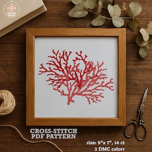 Sea Coral Cross Stitch Pattern PDF. Modern nature cross stitch chart. Ocean, Sea life. Nautical embroidery design. Easy counted cross stitch