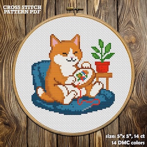 Cute Cat Cross Stitch Pattern PDF. Cozy Stitching Cat DIY Gift for Cat Lovers. Funny Kitten Embroidery Hoop Art, Counted Cross Stitch Chart