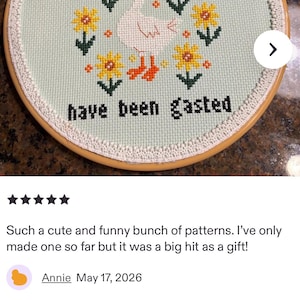May include: Cross-stitch embroidery hoop with the text "MY FLABBERS have been gasted." The design features a white duck, yellow sunflowers, and green leaves. The hoop is trimmed with lace and yellow ribbon.