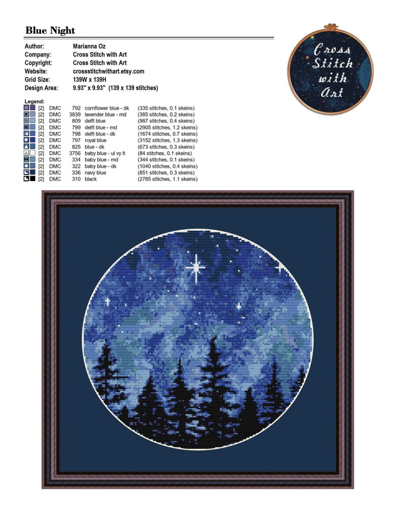 Night Forest Cross Stitch Pattern, Landscape Embroidery (PDF Download) image 6