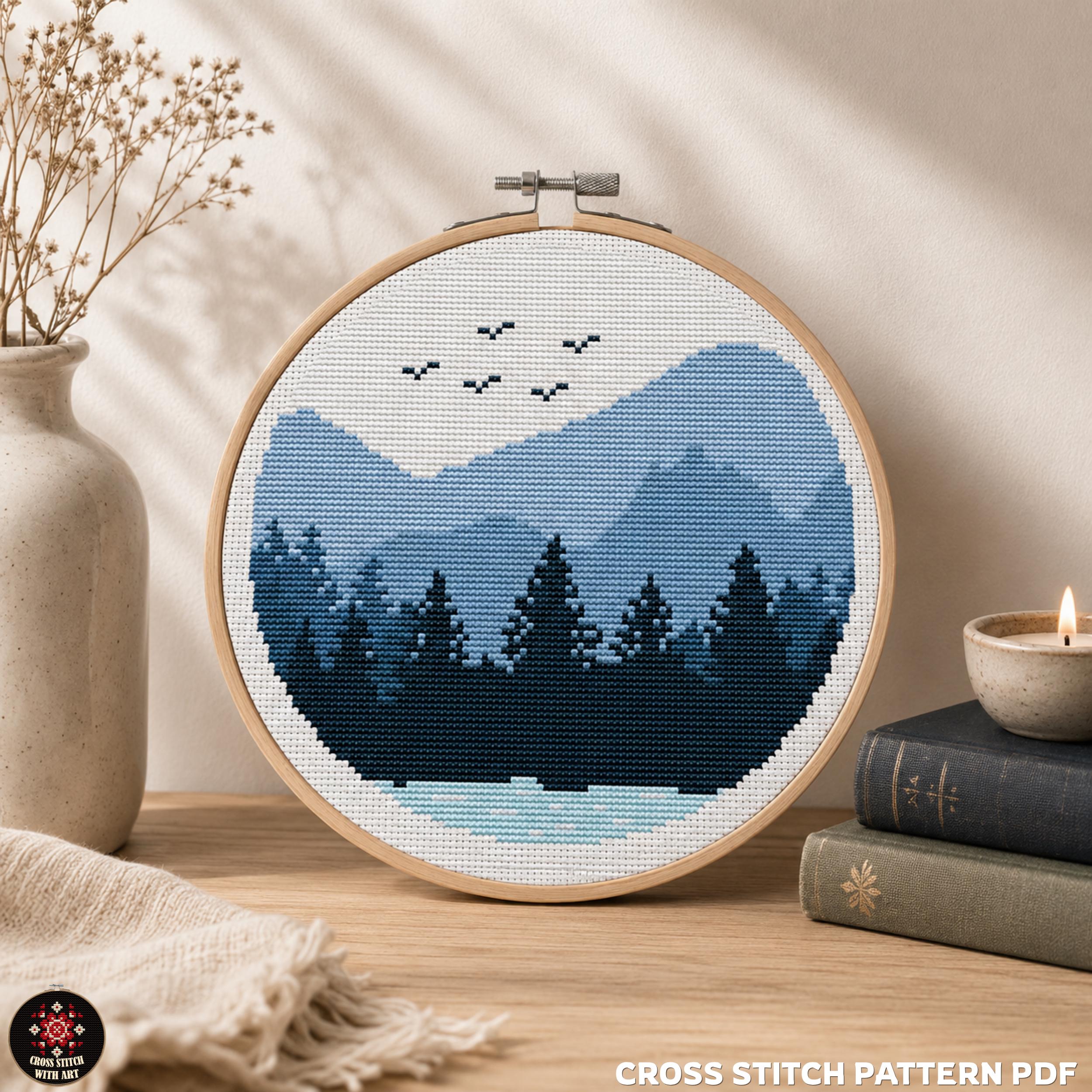 山林クロスステッチパターン、自然風景刺繍（PDFダウンロード） - Etsy