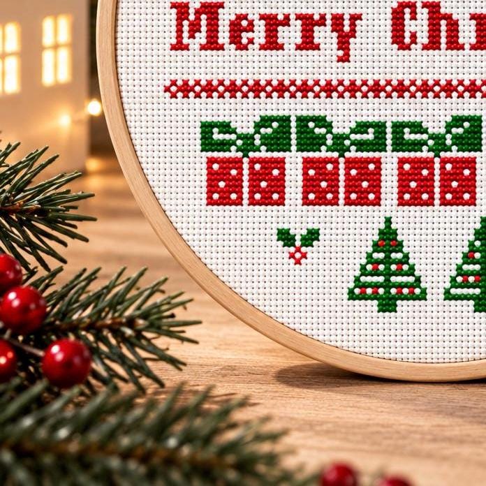 北欧風クリスマス鹿のクロスステッチ図案（PDFダウンロード） – 初心者