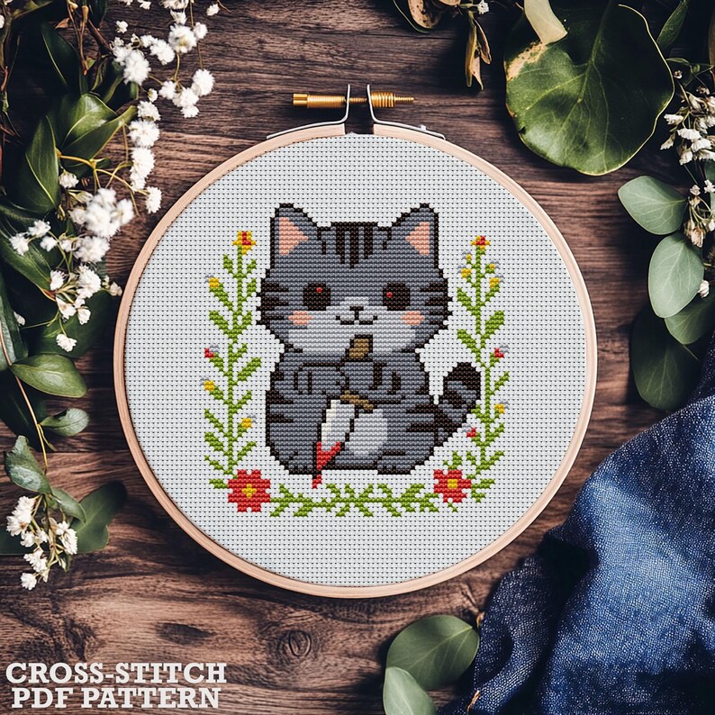 Op de afbeelding: Kruissteek PDF-patroon met een grijze tabby kat met een bloedig mes, omringd door bloemmotieven. De kat zit in een houten borduurring. De tekst "CROSS-STITCH PDF PATTERN" staat onderaan.