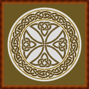 May include: A circular Celtic knot design with a brown and gold color scheme. The knot is surrounded by a border of smaller knots.
