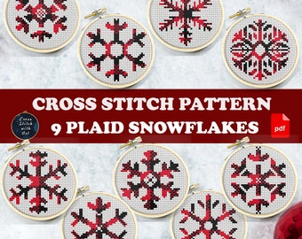 9 Plaid Snowflake Cross stitch pattern. Christmas cross stitch PDF. Xmas ornament cross stitch. Snowflakes embroidery. Winter holiday decor