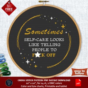 Funny cross stitch pattern. Self-care F*ck Off cross stitch PDF. Mental health snarky cross stitch. Modern sarcastic cross stitch sign