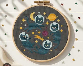 Astronaut Katzen Kreuzstichmuster PDF - Galaxy Stickerei DIY Katzenliebhaber Dekor