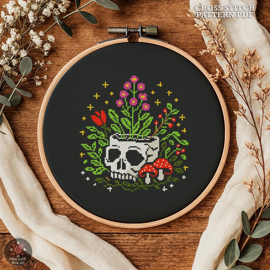 Floral Skull Cross Stitch Pattern PDF, Gothic Cottagecore Embroidery ...