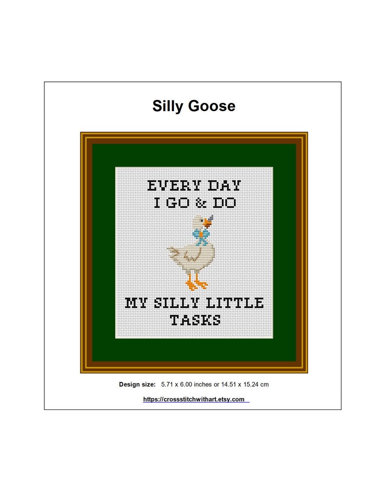 Pattern Keeper compatible symbol chart displayed on a tablet with DMC legend for the Silly Goose cross stitch pattern.