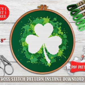 Clover cross stitch pattern, St Patricks Day, Funny Shamrock pattern, St Paddys day decor. Irish cross stitch chart, Modern cross stitch PDF